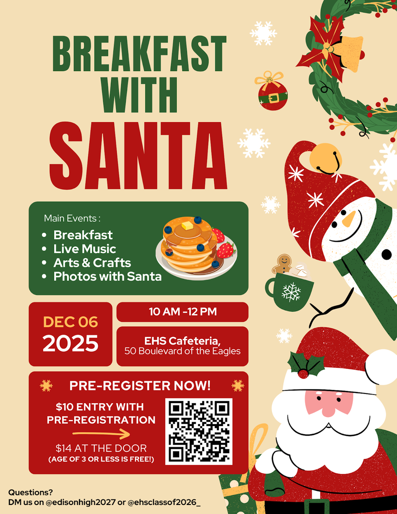 Breakfast with santa december 6 10am-12pm EHS cafeteria