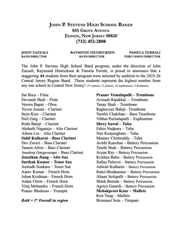 JPS band had an incredible 44 student musicians make the Central Jersey Region Band this weekend - the most from any single school- Go Hawks!