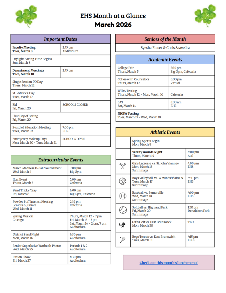 The March Month at a Glance Calendar is now AVAILABLE!  Don't wait to see what's GREAT about Edison High School.