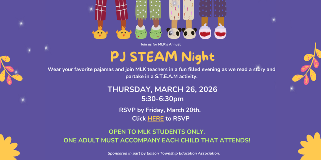 PJ STEM Night information,  Feet with PJ's and Slippers, purple background and yellow foliage 