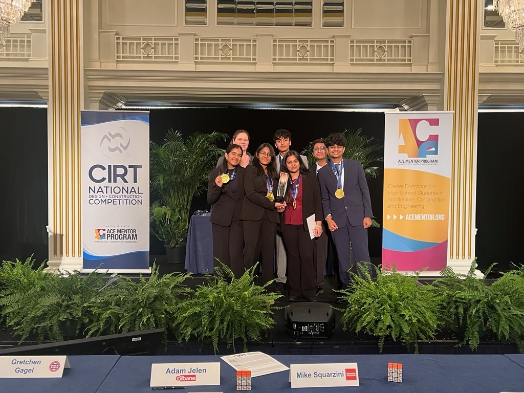 Congratulations to our ACE Mentor Program team who participated in the Construction Industry Round Table National Design and Construction Competition this past Monday in Washington DC.  Congratulations to Ms May and the team for their 1st Place finish!  In addition, Sai Rishita Kona won the Mark A Casso Memorial Scholarship worth $10,000!