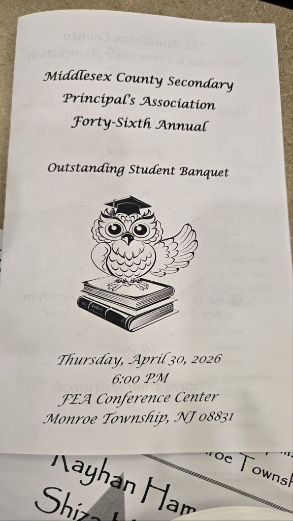 Congratulations to Reeti Rout for receiving JPS's Outstanding Student Award at the Middlesex County Secondary Principals' Association Banquet.
