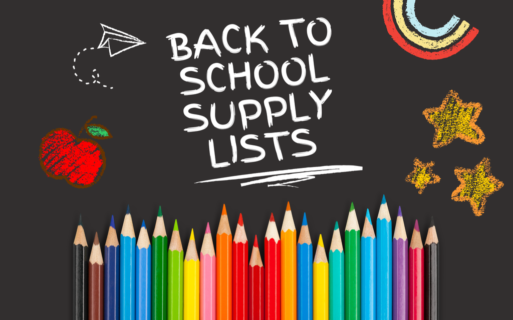 Back to School Supply List- Color Pencils on the bottom, chalk drawings of various designs, stars, rainbow, paper airplane and apple