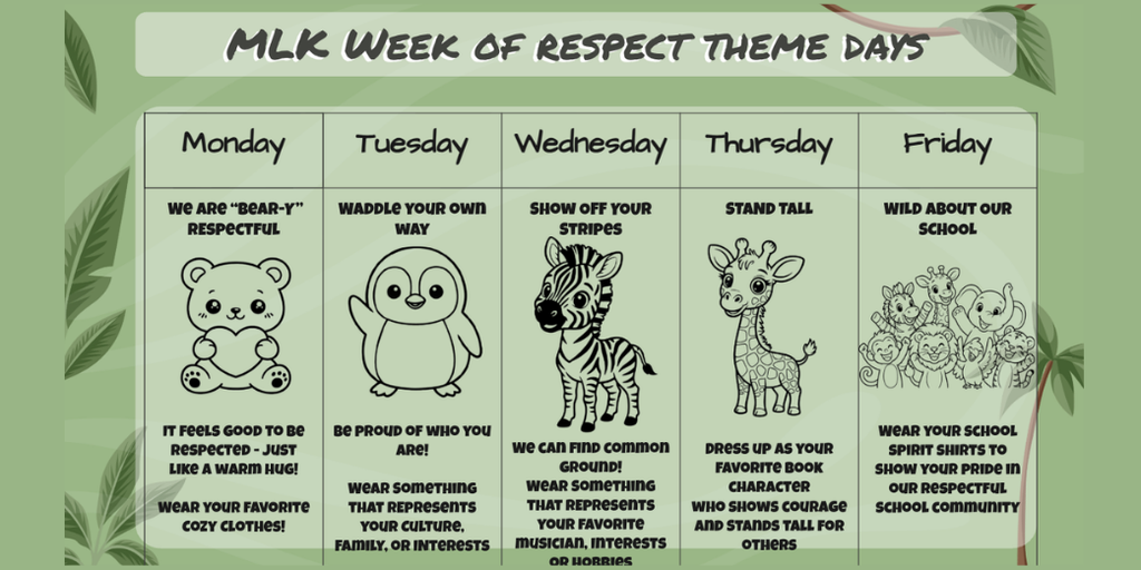 MLK Week of Respect 10/5 to 10/9 Flyer with Green Jungle Theme and Jungle Animals