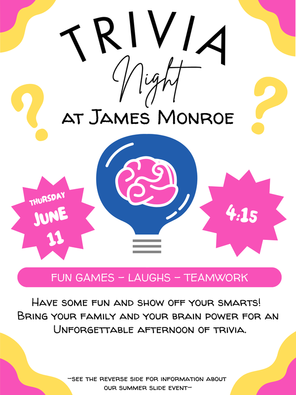 MON- Trivia Night flyer with black wording and pink and yellow backgrounds.