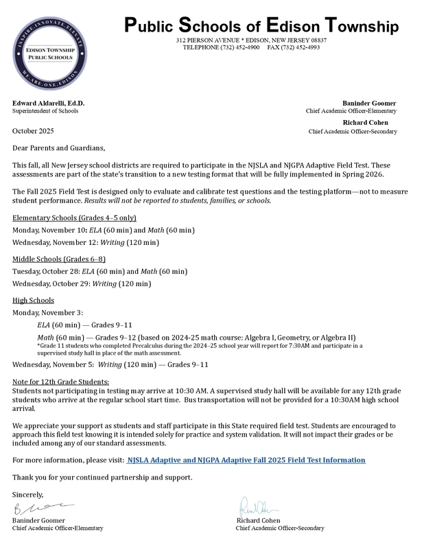 district letter about testing
