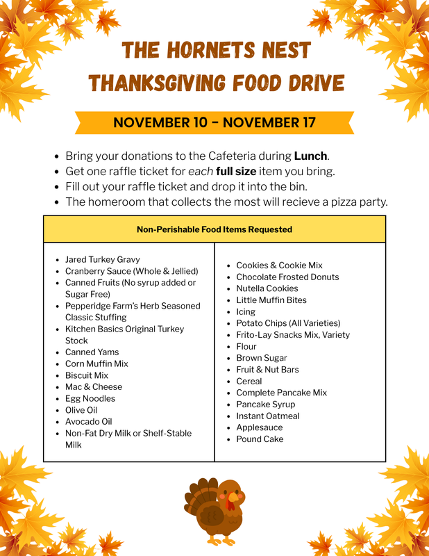 suggested donations include canned vegetables, fruits, soups, stuffing mix, instant potatoes