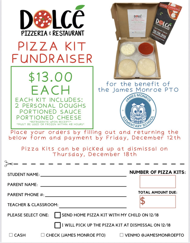 Dolce Pizzeria & Restaurant pizza order form with an image of pizza dough, sauce, and cheese. It includes a space to order the pizza kits.