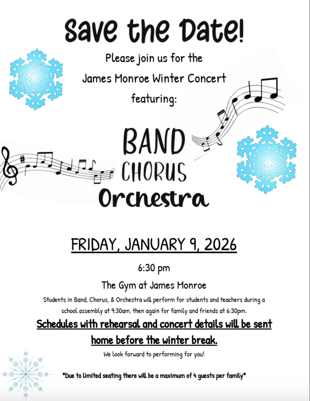 MON- Save the data for the James Monroe Winter concert. The invitation has a white background with music notes and blue snowflakes.