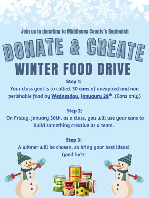MON- Donate & Create Winter Food Drive with a blue background and snowflake border. There are snowmen images and cans of food at the bottom of the poster. The wording is  in blue.