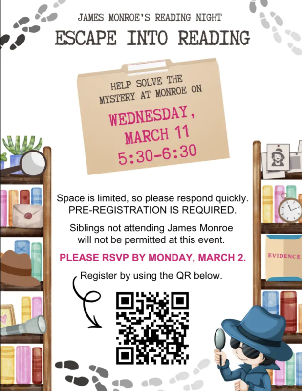 MON- James Monroe's Reading Night- Escape into Reading. The image has a white background and  includes footprints, a beige file folder, with a date of Wednesday, March, 11, from 5:30-6:30.