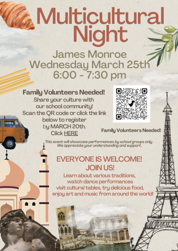 MON- Multicultural Night on Wednesday, March 25th ,from 6:00-7:30. The image has a beige background with burnt orange and olive fonts and images of a crossaint, pasta, and olive branches.