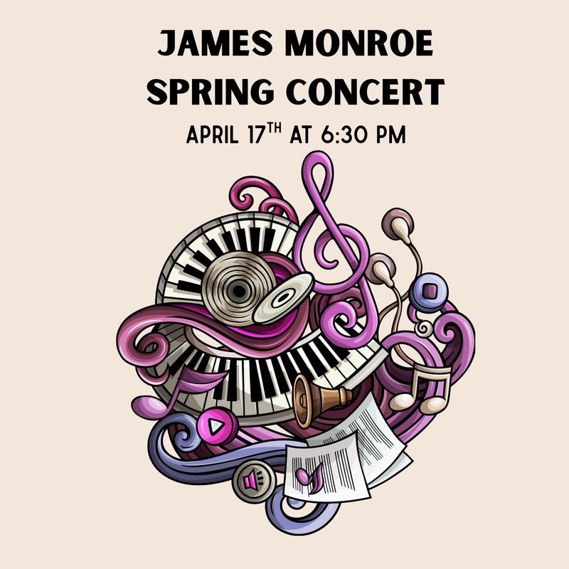 MON- James Monroe Spring Concert, Friday, April 17 at 6:30 pm. The image includes icons of instruments and musical notes.