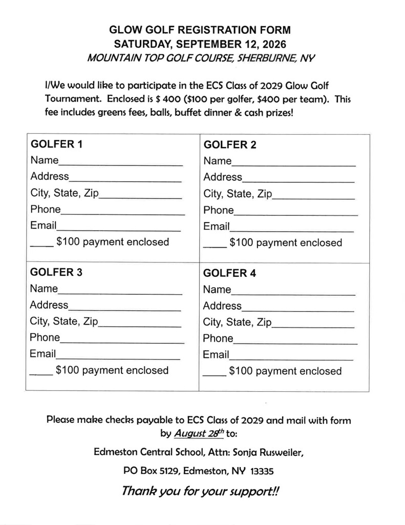 Registration form for Glow Golf.