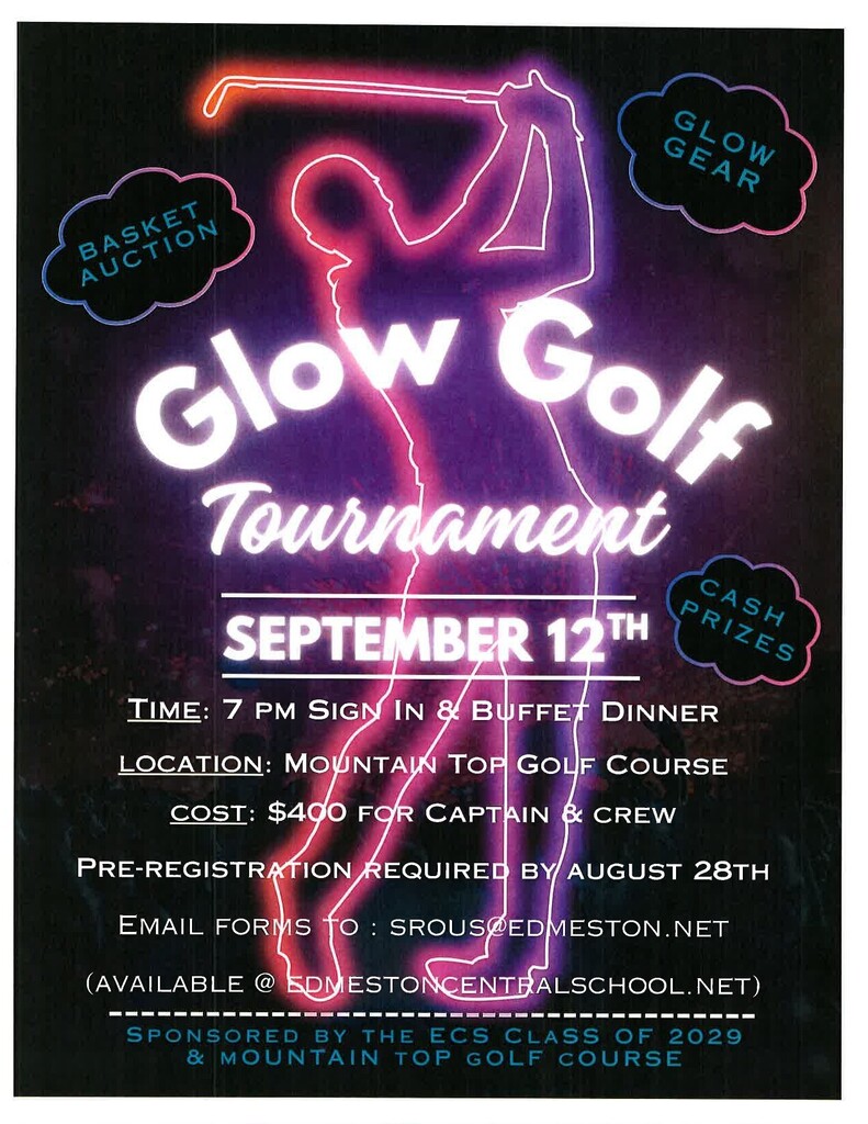 Come out and support the Class of 2029 at their Glow Golf Tournament on September 12, 2026, at Mountain Top Golf Course! Preregistration is required by August 28th.