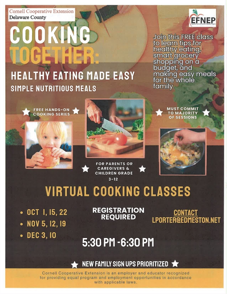 Colorful pictures depicting details about virtual cooking classes. It gives the dates and times.