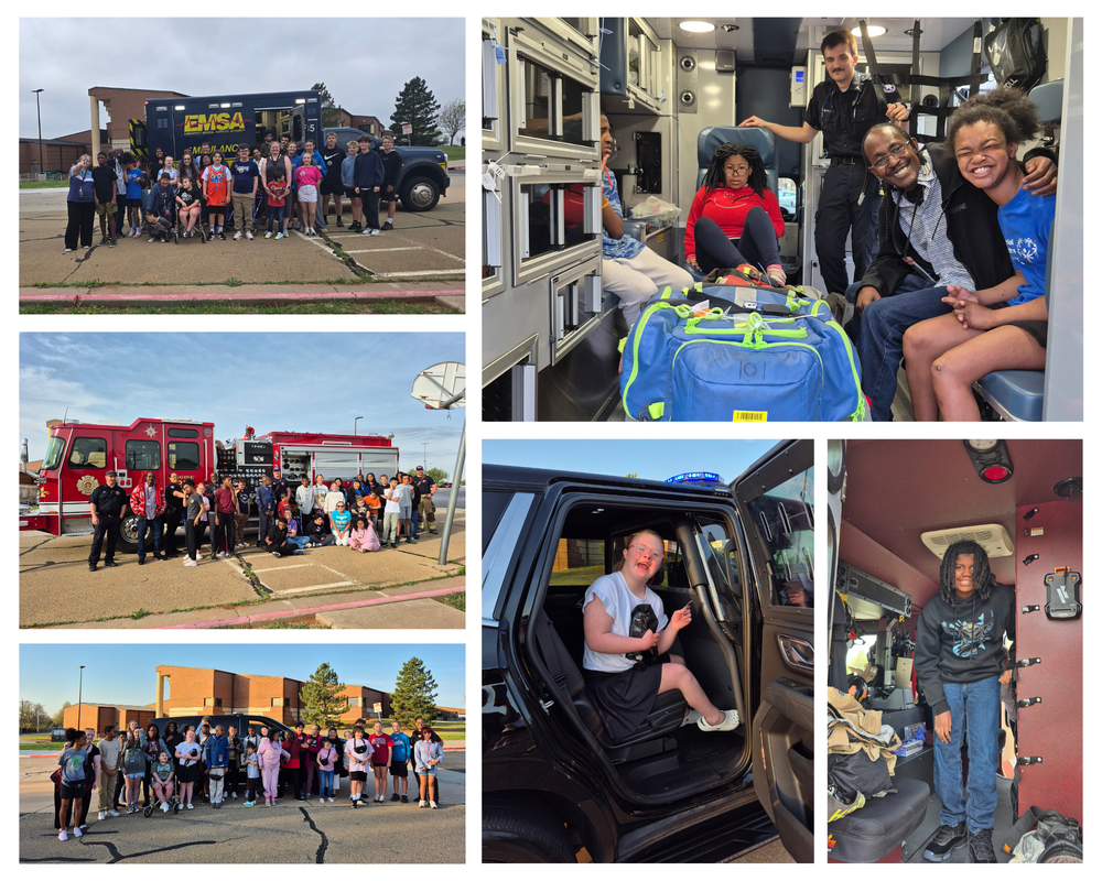 Collage of images from Community Helpers Week. Students are pictured in front of an EMSA ambulance, a fire truck, and a police cruiser. Additional pictures show a group of students inside the ambulance, a girl sitting in a police car, and a boy smiling from inside a fire truck.