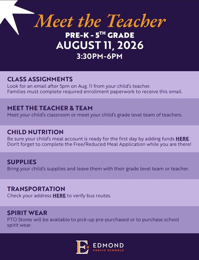 Meet the Teacher Pre-K-5th Grade  August 11, 2026 3:30-6PM