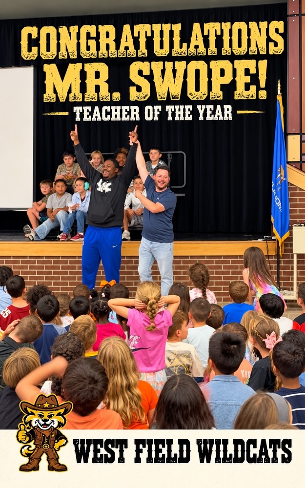 Two men holding hands up in celebration while students watch.