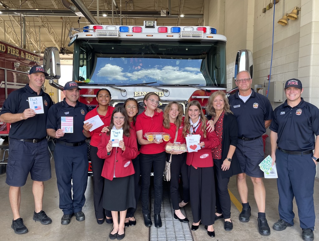 Edmond Fire Department staff, truck, and 6 FCCLA student officers and their teacher