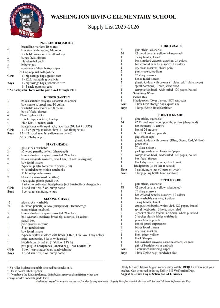 Washington Irving School Supply List 2025-26