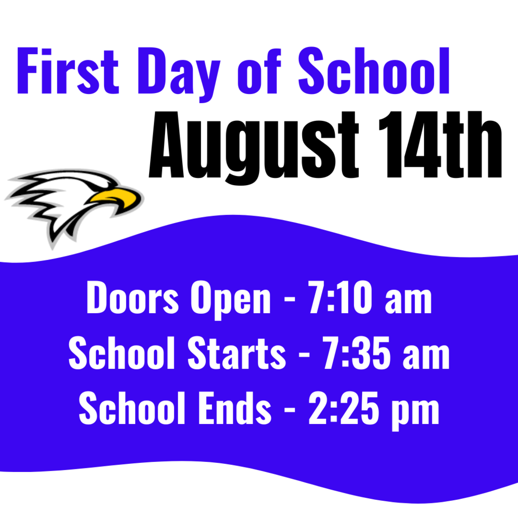First day of school is August 14th. School doors open at 7:10am. School starts at 7:35am. School ends at 2:25pm.