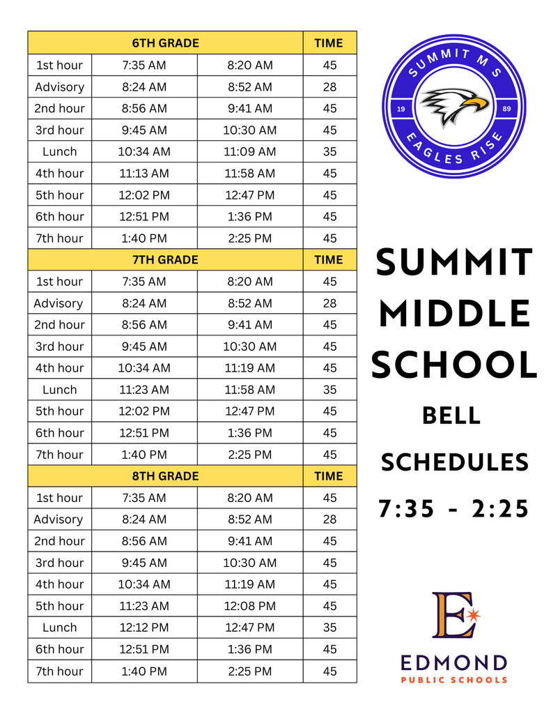 Bell schedule broken down by grade level. Printable version of bell schedule can be found by following this link https://core-docs.s3.us-east-1.amazonaws.com/documents/asset/uploaded_file/3212/summit/5945828/BellSchedule2025-2026.pdf