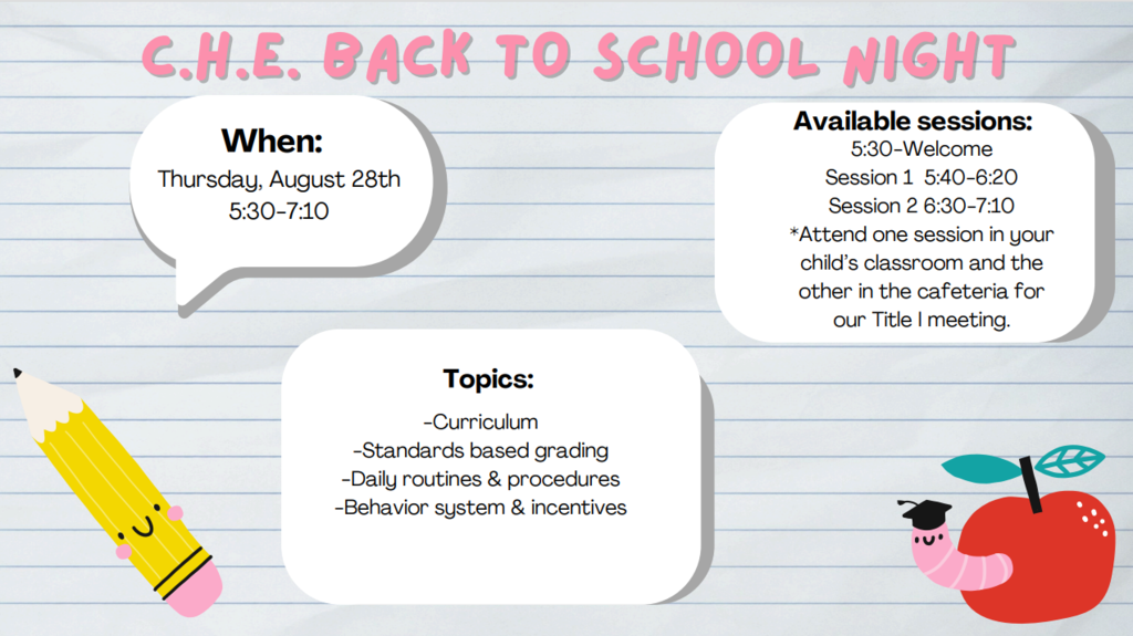 CHE Back to school night. Thursday August 28th 5:30-7:10. Topics: curriculum, standards based grading, daily routines, behavior system and incentives. 5:30 welcome. Session 1 5:40-6:20, session 2 6:30-7:10 