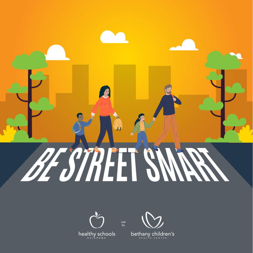 Be Street Smart graphic with cartoon family crossing street