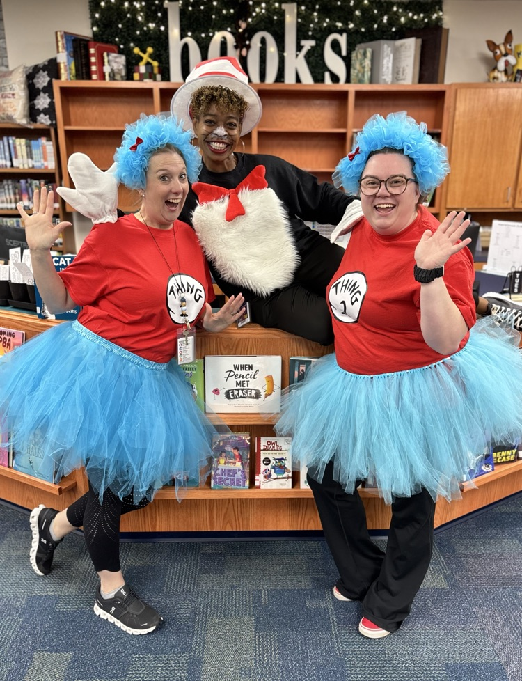 the library team and music as the cat in the hat with thing one and two