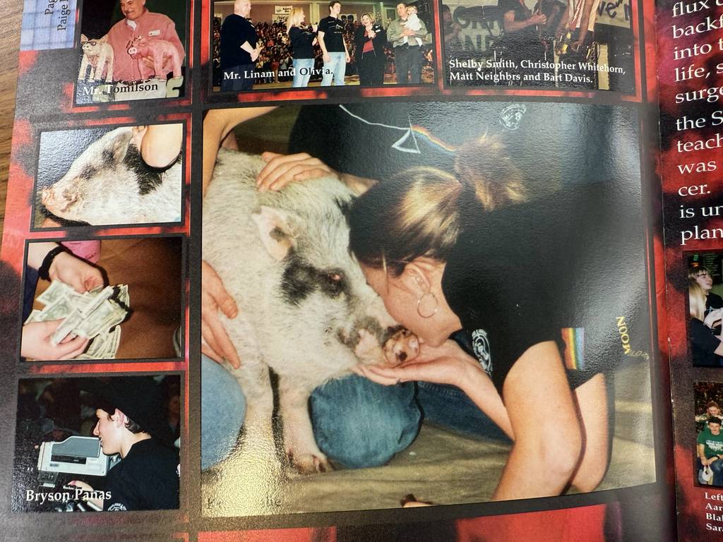 Swine Week Pig Floyd students kissing pig and counting money