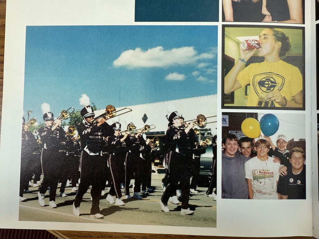 Marching band, student drinking soda, and students posing with balloons