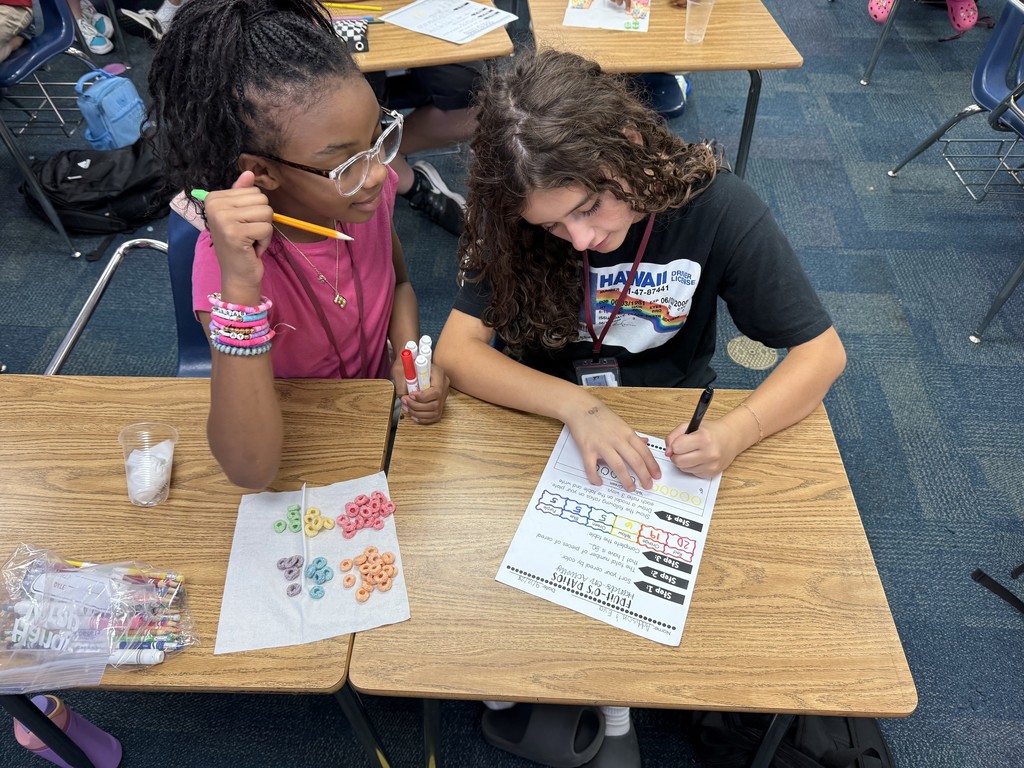 2 students writing on a worksheet with Fruit Loop cereal grouped by colors sitting on the desk beside them.