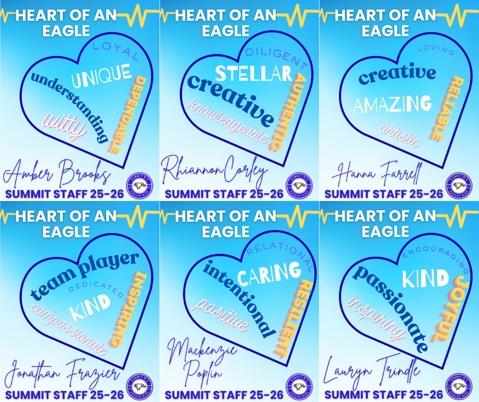 Heart of an Eagle awards pictures for Mrs. Brooks, Mrs. Corley, Mrs. Farrell, Mr. Frazier, Ms. Poplin, and Mrs. Trindle.