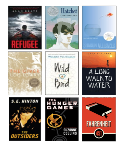 Book covers for Refugee by Alan Gratz, Hatchet by Gary Paulsen, Out of My Mind by Sharon Draper, The Giver by Lois Lowry, Wild Bird by Wendelin Van Draanen, A Long Walk to Water by Linda Sue Park, The Outsiders by S.E. Hinton, The Hunger Games by Suzanne Collins, Fahrenheit 451 by Ray Bradbury