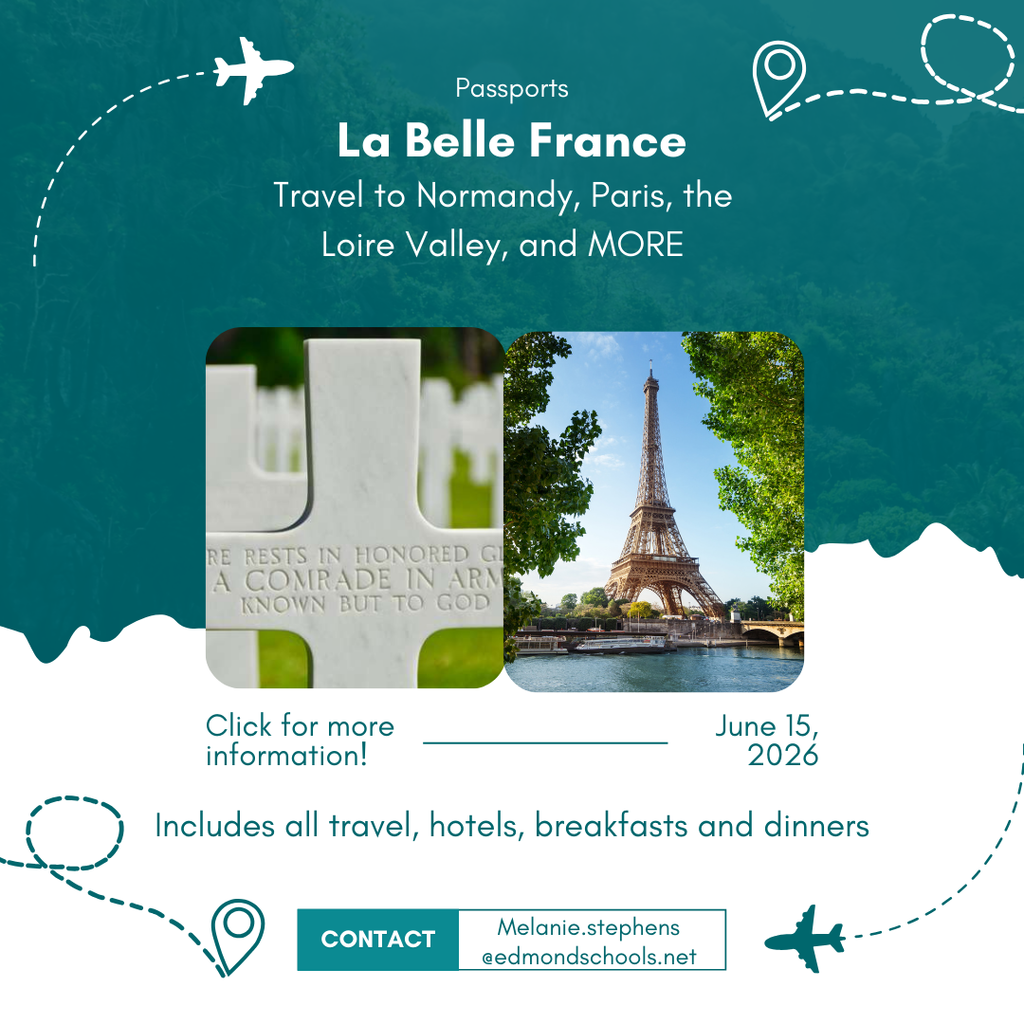La Belle France Trip- Travel to Normandy, Paris, the Loire Valley and MORE; Departing: June 15, 2026 Departure City: Oklahoma City, OK includes all travel, hotels, breakfasts & dinners; contact melanie.stephens@edmondschools.net