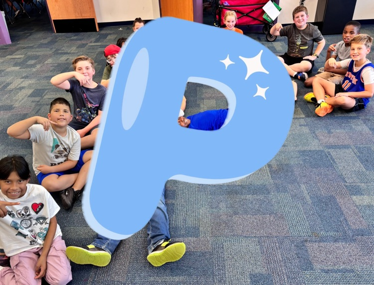 fourth grade students making the letter p with a letter p graphic covering their bodies 