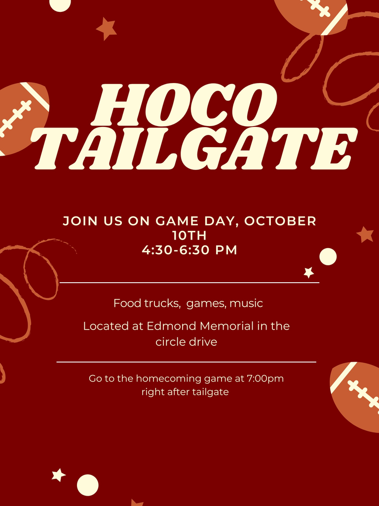 HOCO Tailgate Join us on game day, Oct. 10th 4:30-6:30, food trucks, games, music. Located at EMHS circle drive. Go to the homecoming game at 7pm right after the tailgate