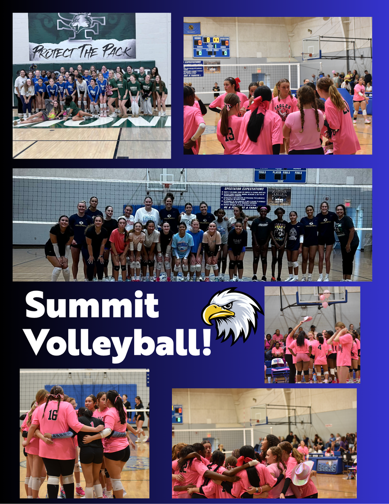 Summit Volleyball collage of images showing athletes pictured together, playing in games, and several pictures of the fun pink out game!