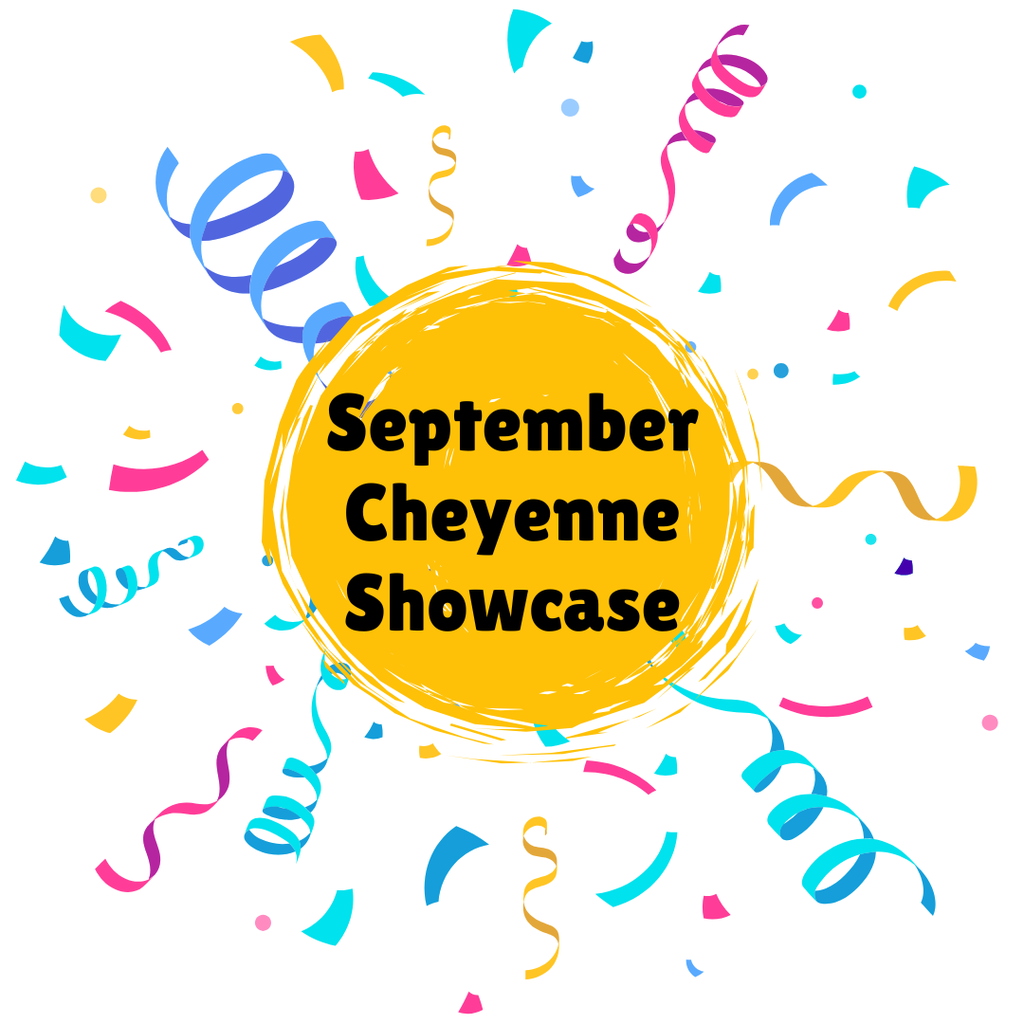 Colorful confetti and streamers on a white background with a yellow circle in the middle with the words, "September Cheyenne Showcase" in black font