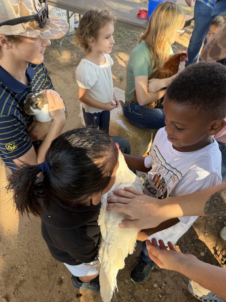 PreK students pet chickens held by high school students