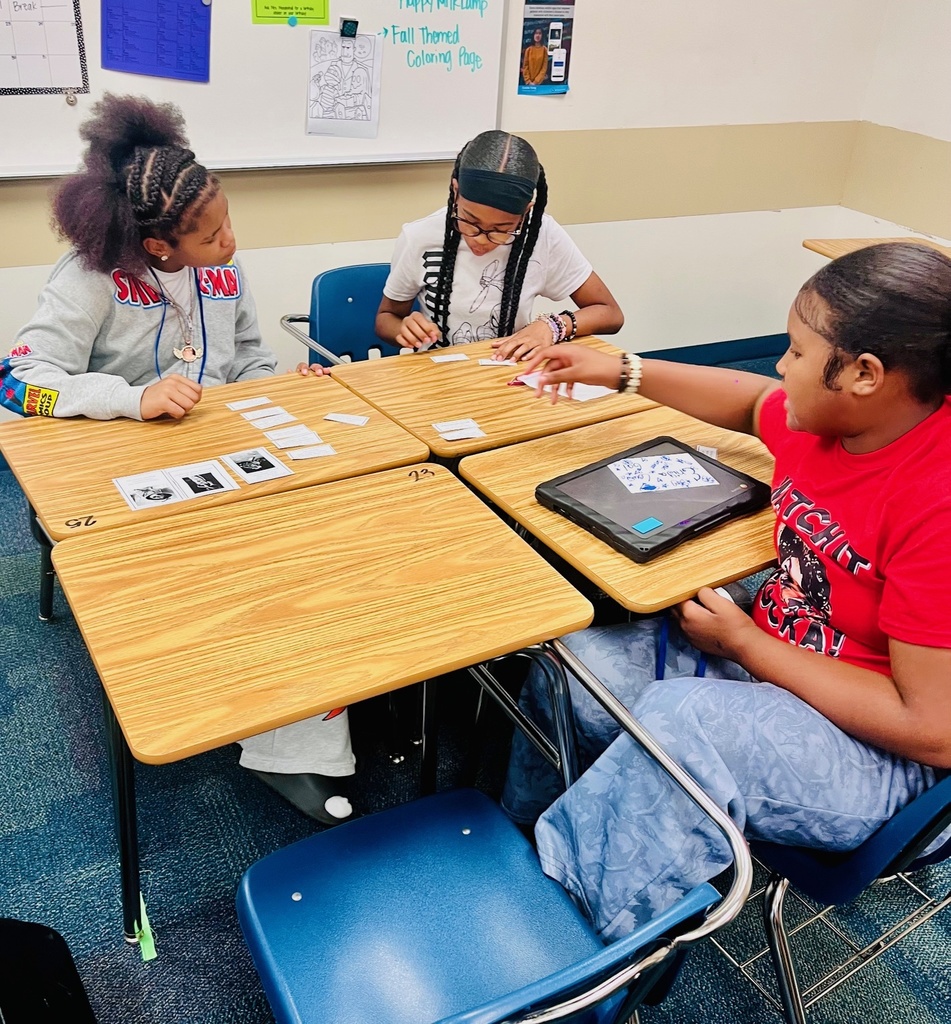 Students sitting at a group of desks work together to sort social media examples into safe to share or unsafe to share.