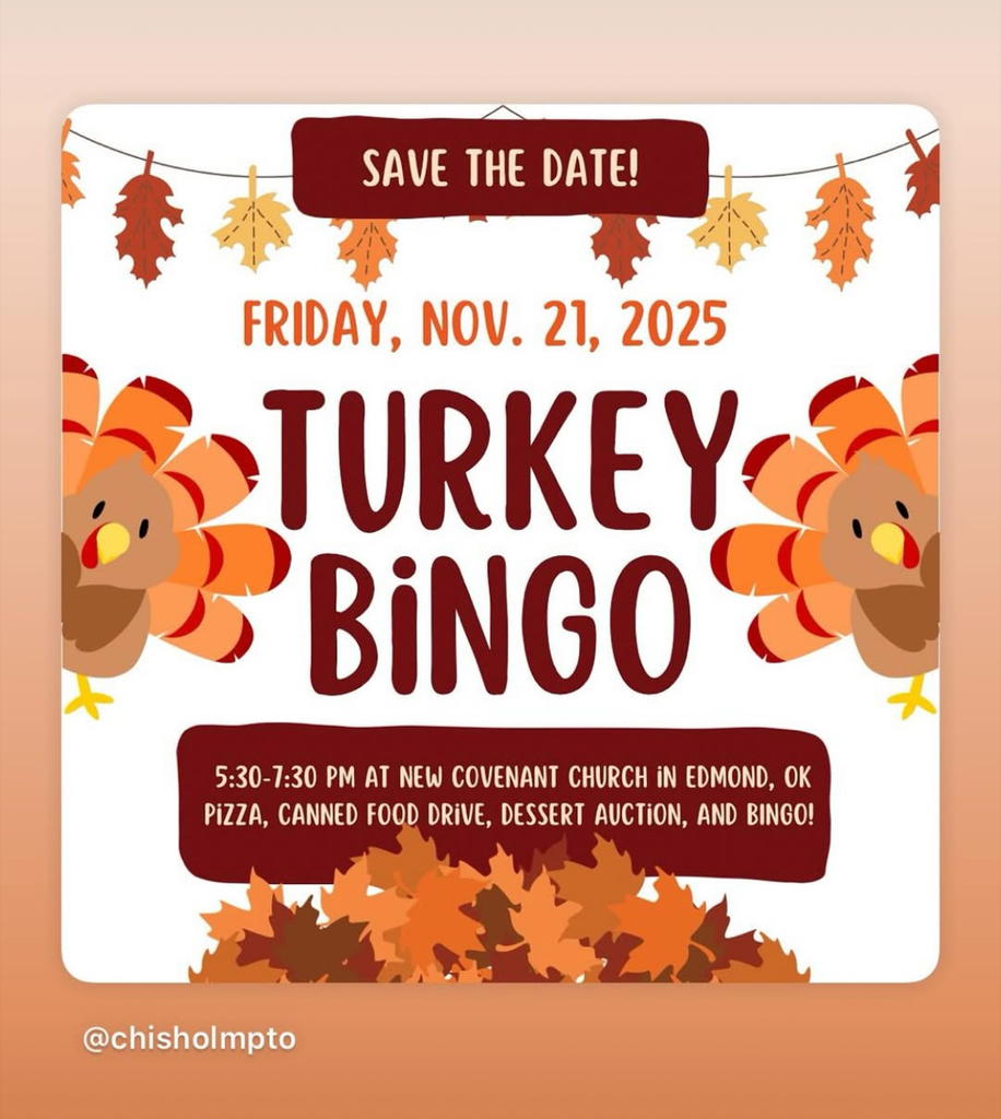 Friday, Nov. 21 Turkey Bingo 5:30-7:30 pm at New Covenent Church in Edmond, OK pizza, canned food drive, dessert auction, and Bingo
