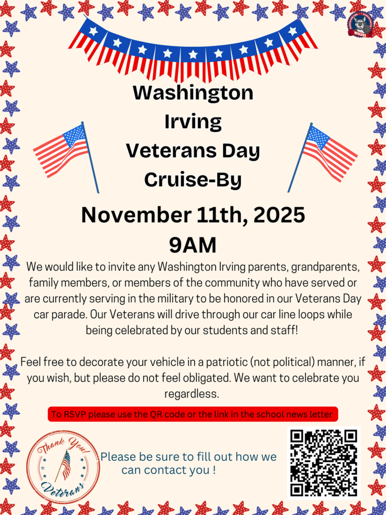 Washington Irving's annual Veterans Day Cruise-By car parade is November 11 at 9:00 am. 