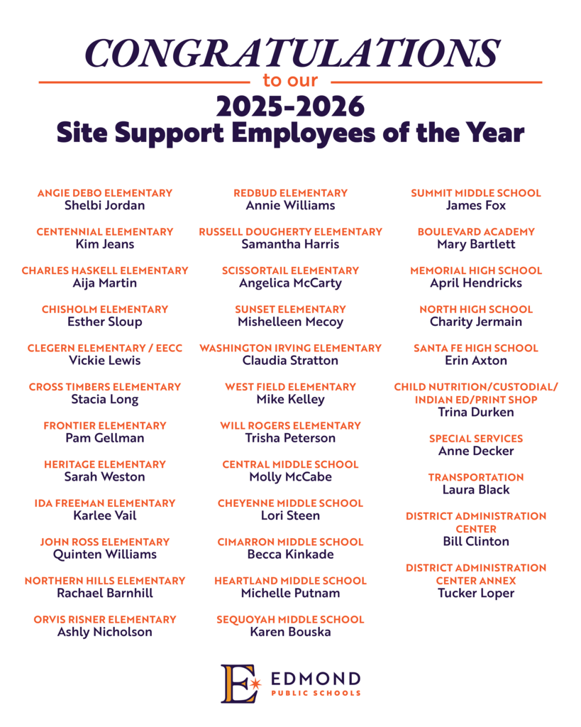 Angie Debo Elementary Shelbi Jordan Centennial Elementary Kim Jeans Charles Haskell Elementary Aija Martin Chisholm Elementary Esther Sloup Clegern Elementary/EECC Vickie Lewis Cross Timbers Elementary Stacia Long Frontier Elementary Pam Gellman Heritage Elementary Sarah Weston Ida Freeman Elementary Karlee Vail John Ross Elementary Quinten Williams Northern Hills Elementary Rachael Barnhill Orvis Risner Elementary Ashly Nicholson Redbud Elementary Annie Williams Russell Dougherty Elementary Samantha Harris Scissortail Elementary Angelica McCarty Sunset Elementary Mishelleen Mecoy Washington Irving Elementary Claudia Stratton West Field Elementary Mike Kelley Will Rogers Elementary Trisha Peterson Central Middle School Molly McCabe Cheyenne Middle School Lori Steen Cimarron Middle School Becca Kinkade Heartland Middle School Michelle Putnam Sequoyah Middle School Karen Bouska Summit Middle School James Fox Boulevard Academy Mary Bartlett Edmond Memorial High School April Hendricks Edmond North High School Charity Jermain Edmond Santa Fe High School Erin Axton EPSAC Bill Clinton Custodian EPSAC Annex Tucker Loper Tech II Child Nutrition, Custodial, Indian Ed, Print Shop Trina Durken CN Procurement Manager Special Services Anne Decker Physical Therapist Transportation Laura Black Driver/Trainer