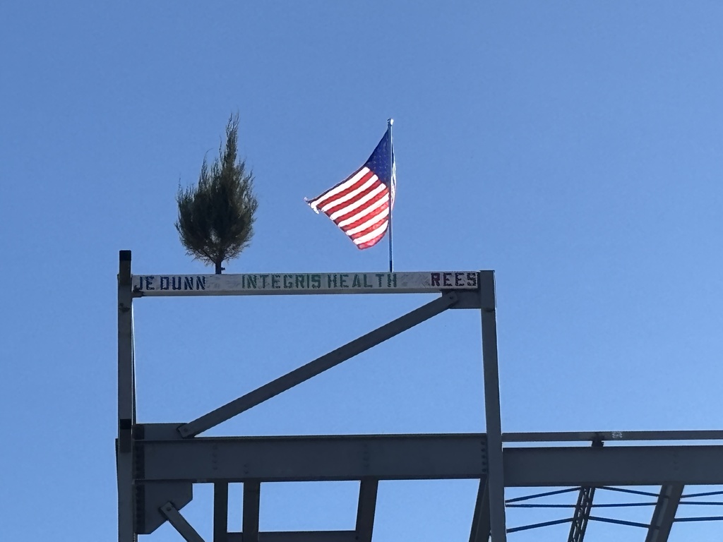 The final beam is placed at the top of the building with a tree and American Flag.