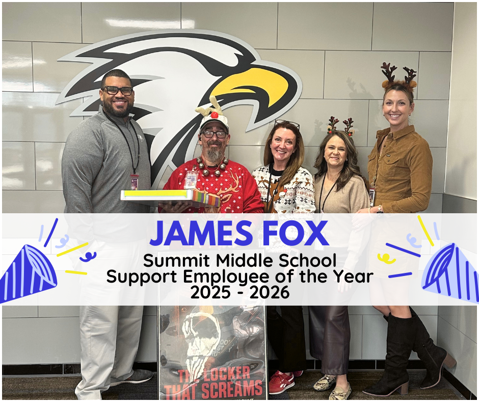 James Fox, support employee of the year, is pictures with Summit administrative team including Bradley Berry, Wendy Smelser, Dana Williams, and Kayla Pedretti.