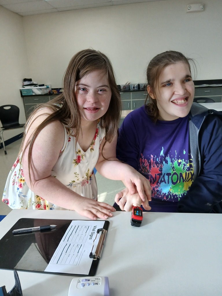 Intern taking vitals and an intern acting as a patient. 