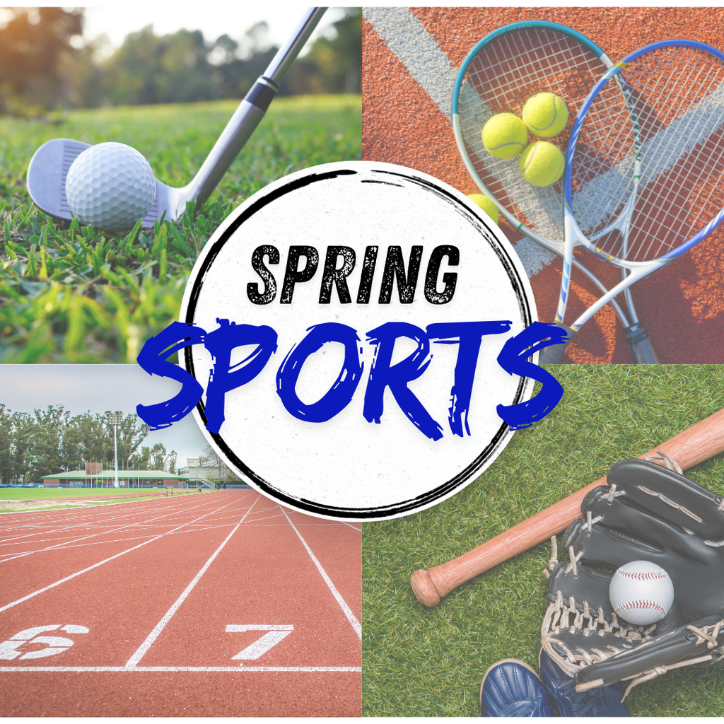 Golf club and golf ball, tennis rackets and tennis balls, a photo of a track, and a picture of grass, a bat, baseball glove, and baseball with a white circle in the middle that says, "Spring Sports"