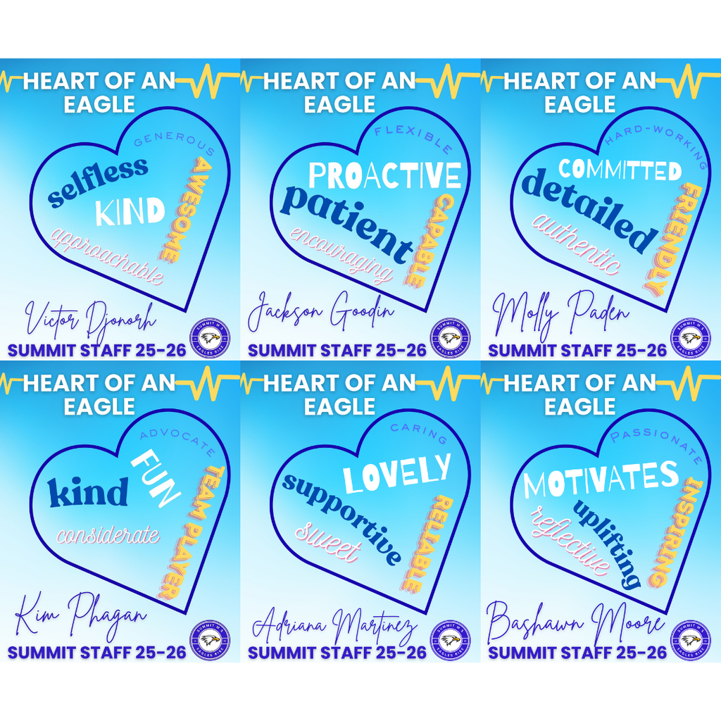 Heart of an Eagle awards pictures for Mr. Djonorh, Mr. Goodin, Ms. Paden, Mrs. Phagan, Ms. Martinez, and Mr. Moore.